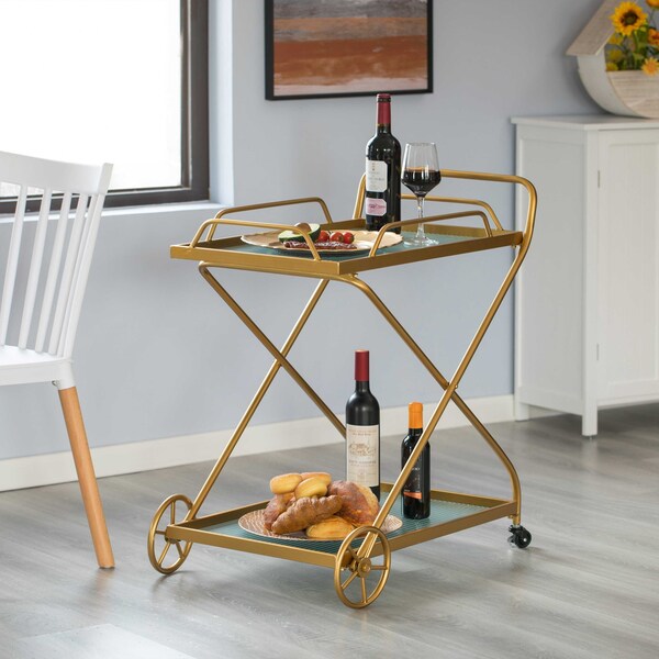Vintiquewise Gold Metal Wine Bar Serving Cart with Rolling Wheels and Handles for Dining, Living room or Entryway - QI004278