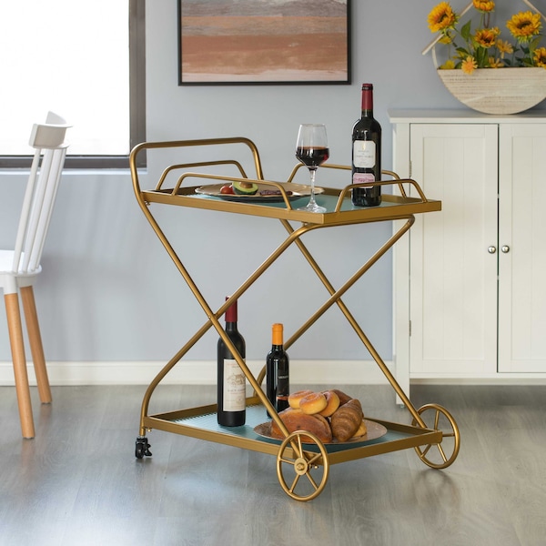 Vintiquewise Gold Metal Wine Bar Serving Cart with Rolling Wheels and Handles for Dining, Living room or Entryway - QI004278