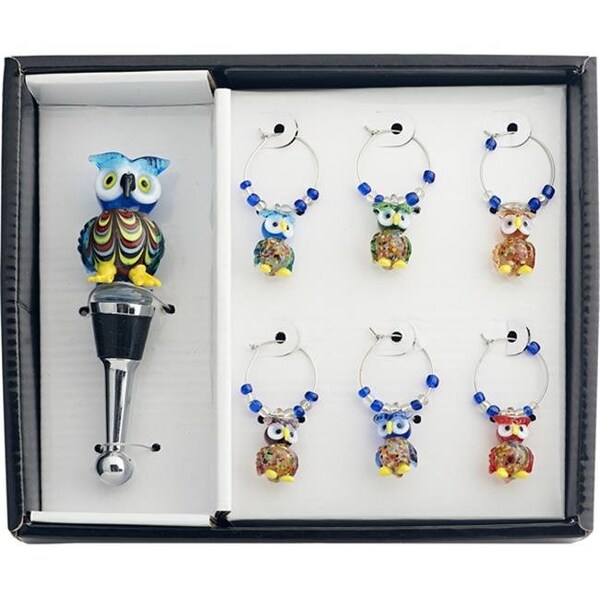 Ls Arts Inc LS Arts HS-058 Owl Stopper and Wine Charm Set - HS-058