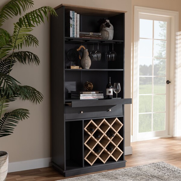 Baxton Studio Mattia Modern Dark Grey and Oak Finished Wood Wine Cabinet - 150-9002