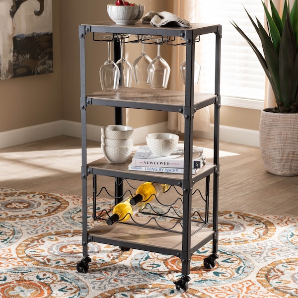 Baxton Studio Swanson Black Metal Distressed Oak Wood Mobile Kitchen Bar Wine Cart - 160-9562