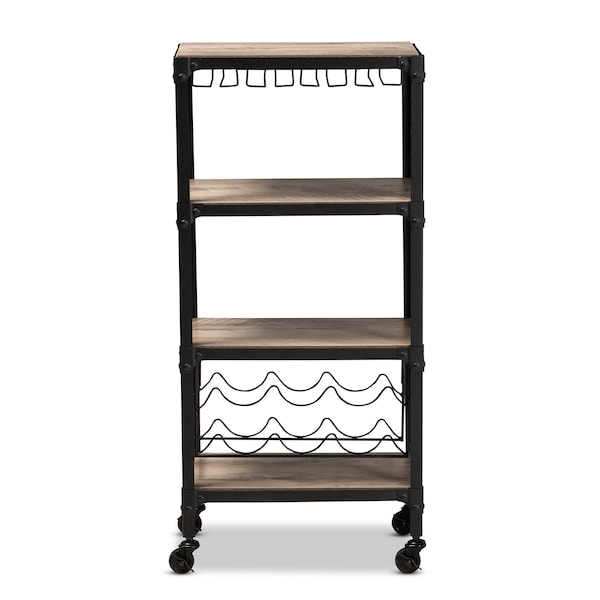Baxton Studio Swanson Black Metal Distressed Oak Wood Mobile Kitchen Bar Wine Cart - 160-9562