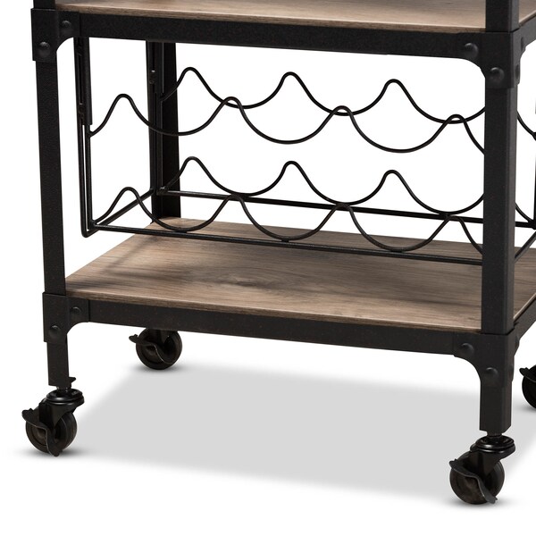 Baxton Studio Swanson Black Metal Distressed Oak Wood Mobile Kitchen Bar Wine Cart - 160-9562