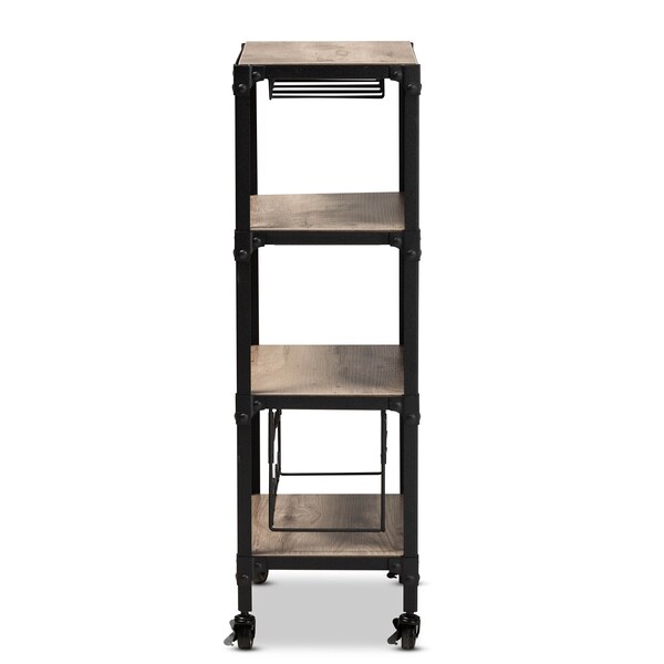 Baxton Studio Swanson Black Metal Distressed Oak Wood Mobile Kitchen Bar Wine Cart - 160-9562