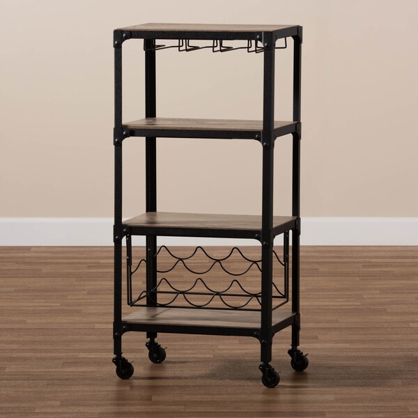 Baxton Studio Swanson Black Metal Distressed Oak Wood Mobile Kitchen Bar Wine Cart - 160-9562