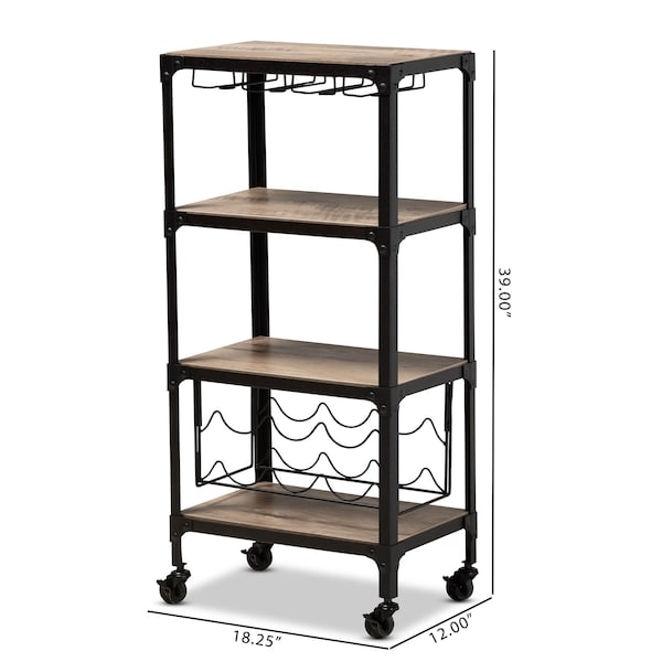 Baxton Studio Swanson Black Metal Distressed Oak Wood Mobile Kitchen Bar Wine Cart - 160-9562