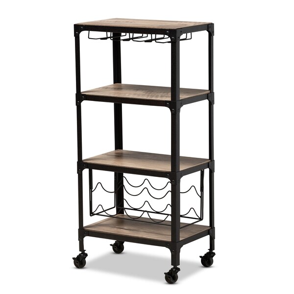 Baxton Studio Swanson Black Metal Distressed Oak Wood Mobile Kitchen Bar Wine Cart - 160-9562