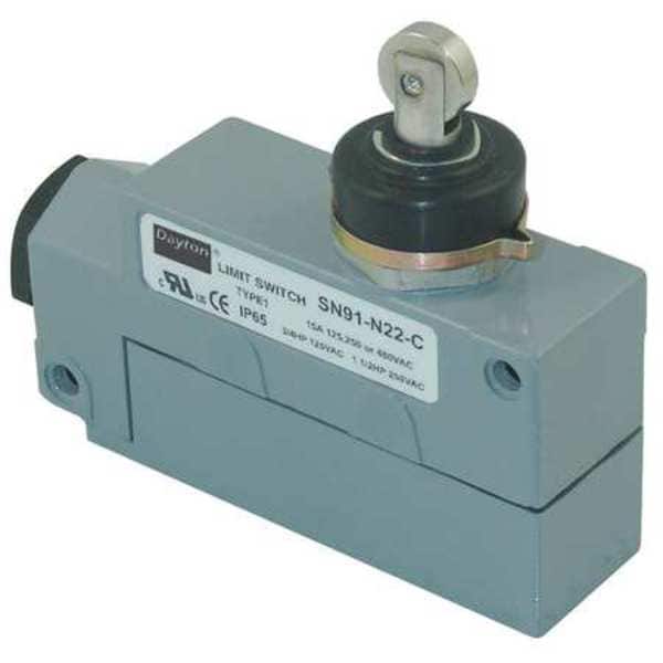 Interruptor de límite Dayton, rodillo cruzado, émbolo, SPDT, 15A @ 480V CA, Ubicación del actuador: Superior - 12T917