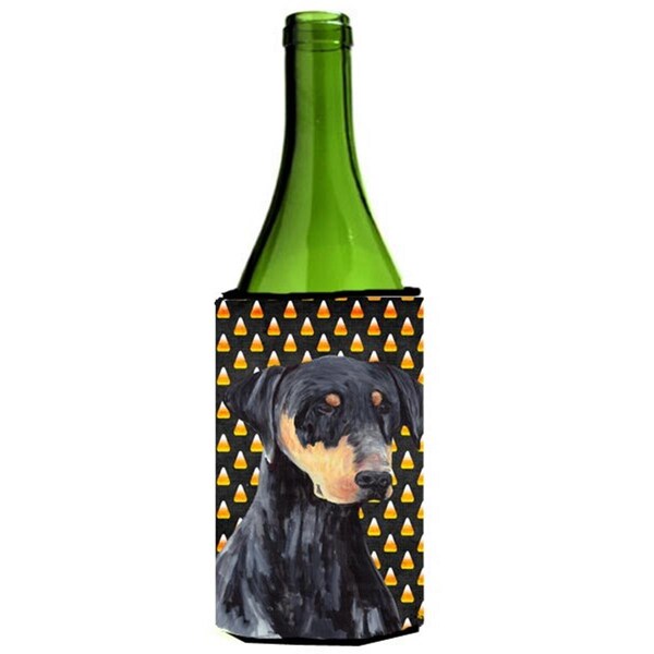 Carolines Treasures Doberman Natural Ears Candy Corn Halloween Portrait Wine Bottle   Hugger - SC9148LITERK