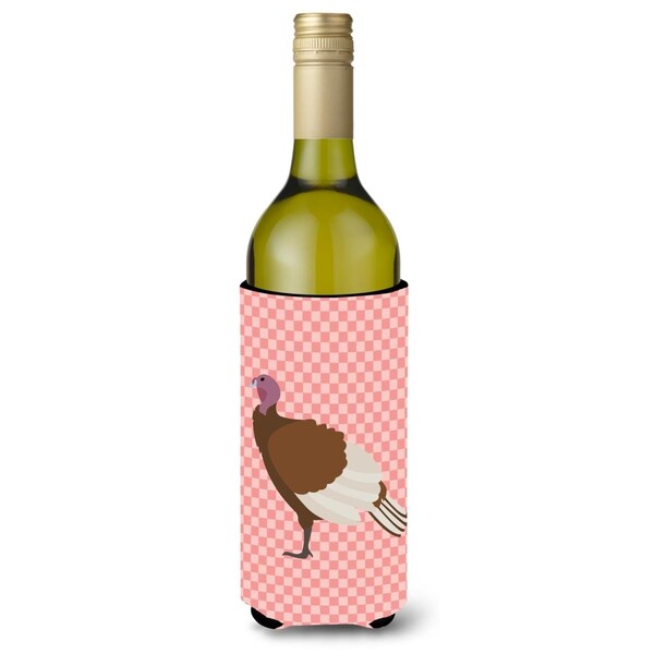 Carolines Treasures Bourbon Red Turkey Hen Pink Check Wine Bottle Beverge Insulator Hugger - BB7982LITERK
