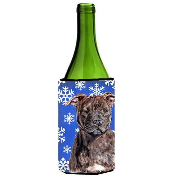 Carolines Treasures Staffordshire Bull Terrier Staffie Winter Snowflakes Wine bottle sleeve Hugger  24 Oz. - SC9777LITERK