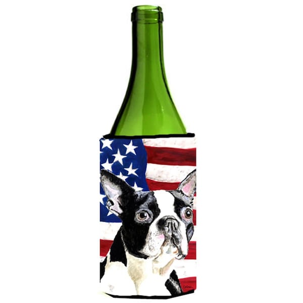 Carolines Treasures USA American Flag With Boston Terrier Wine bottle sleeve Hugger - 24 oz. - SC9001LITERK