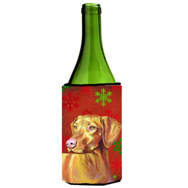 Carolines Treasures Vizsla Red And Green Snowflakes Holiday Christmas Wine bottle sleeve Hugger - LH9325LITERK