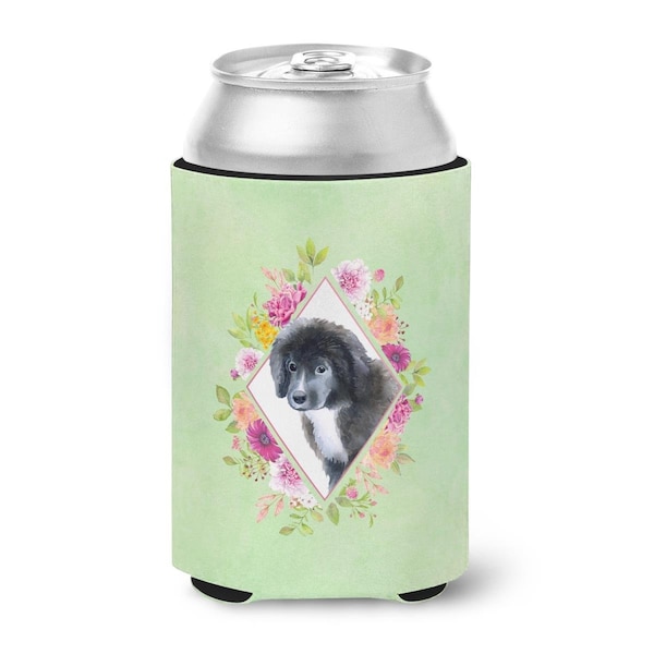 Carolines Treasures Newfoundland Puppy Green Flowers Can or Bottle Hugger - CK4324CC