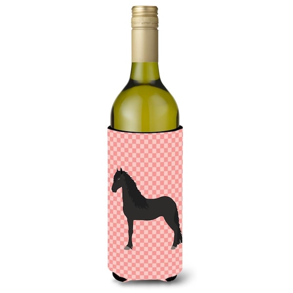 Carolines Treasures Friesian Horse Pink Check Wine Bottle Beverge Insulator Hugger - BB7915LITERK