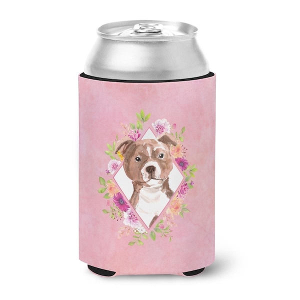 Carolines Treasures Staffie Bull Terrier Pink Flowers Can or Bottle Hugger - CK4208CC