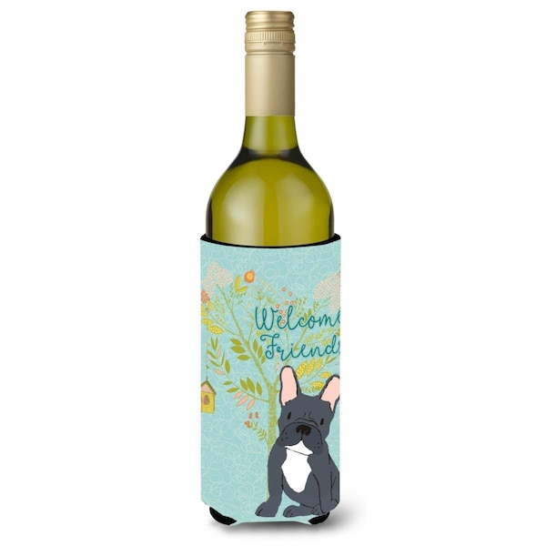 Carolines Treasures Welcome Friends Black French Bulldog Wine Bottle Beverge Insulator Hugger - BB7632LITERK