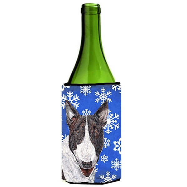 Carolines Treasures Bull Terrier Blue Snowflake Winter Wine bottle sleeve Hugger - 24 oz. - SC9603LITERK