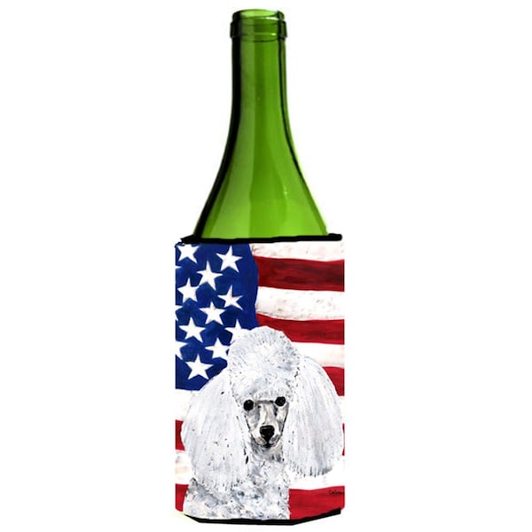 Carolines Treasures White Toy Poodle With American Flag Usa Wine bottle sleeve Hugger  24 Oz. - SC9629LITERK