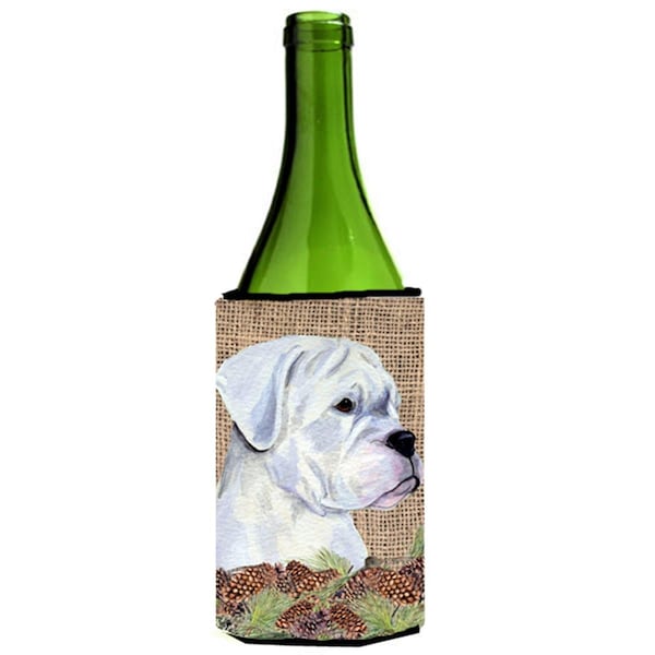 Carolines Treasures White Boxer on Faux Burlap with Pine Cones Wine bottle sleeve Hugger 24 oz. - SS4098LITERK