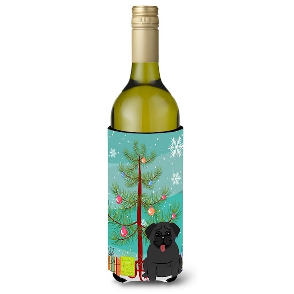 Carolines Treasures Merry Christmas Tree Pug Black Wine Bottle Beverge Insulator Hugger - BB4131LITERK