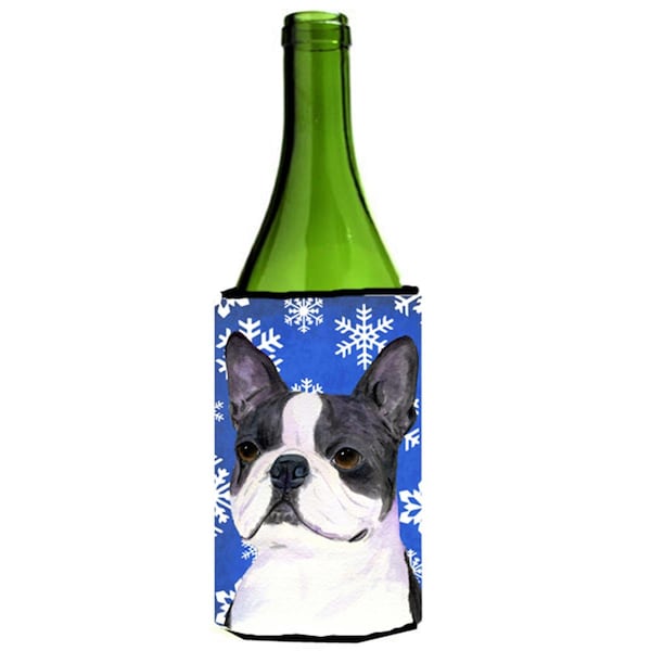 Carolines Treasures Boston Terrier Winter Snowflakes Holiday Wine bottle sleeve Hugger - 24 oz. - SS4654LITERK