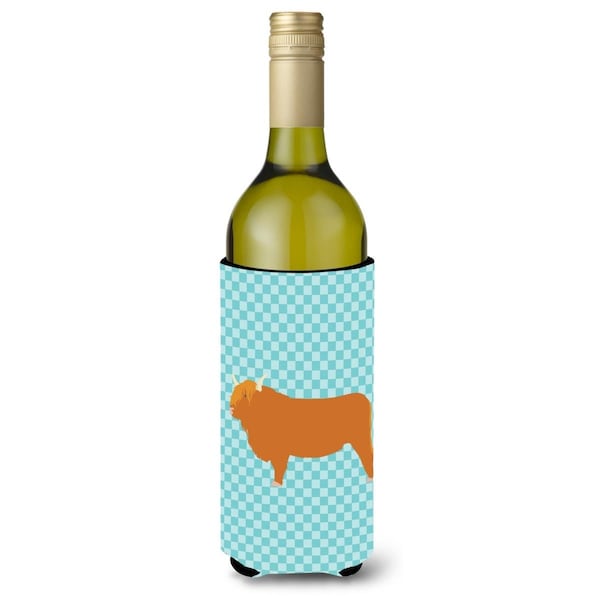 Carolines Treasures Highland Cow Blue Check Wine Bottle Beverge Insulator Hugger - BB7994LITERK