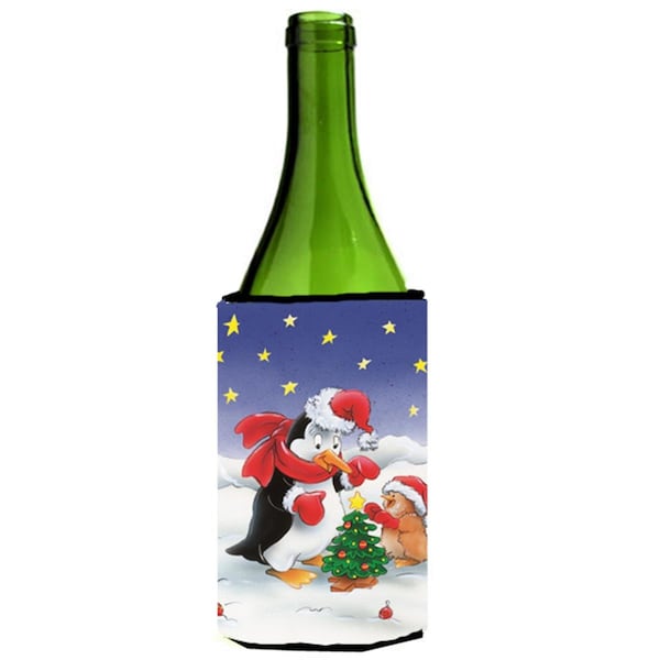 Carolines Treasures Penguin & Robin with Christmas Tree Wine Bottle Can cooler Hugger - AAH7203LITERK