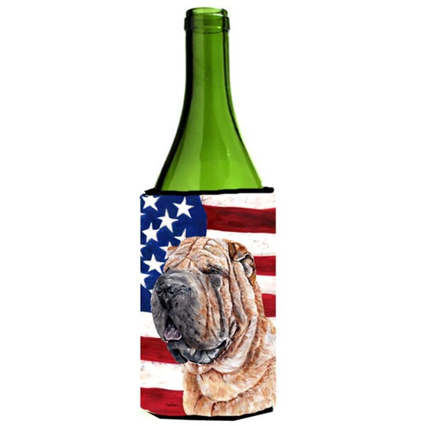 Carolines Treasures Shar Pei With American Flag Usa Wine bottle sleeve Hugger  24 Oz. - SC9623LITERK