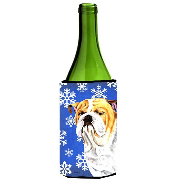 Carolines Treasures Bulldog English Winter Snowflakes Holiday Wine bottle sleeve Hugger - 24 oz. - SC9374LITERK