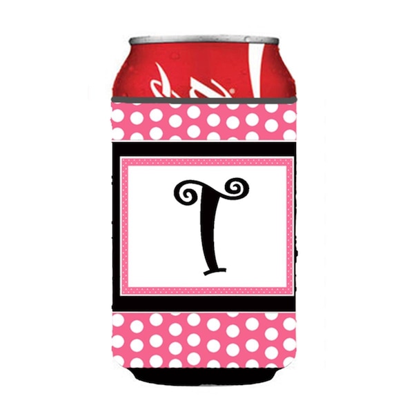 Carolines Treasures Letter T Initial Monogram - Pink Black Polka Dots Can Or Bottle  Hugger - CJ1001-TCC