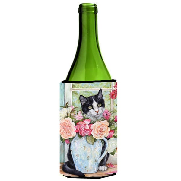 Carolines Treasures Black & White Rose Cat Wine Bottle Can cooler Hugger - CDCO0176LITERK