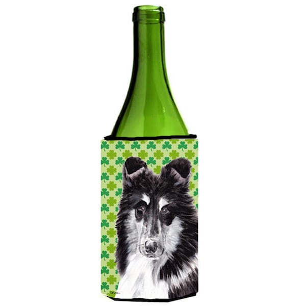 Carolines Treasures Black And White Collie Lucky Shamrock St. Patricks Day Wine bottle sleeve Hugger  24 Oz. - SC9726LITERK