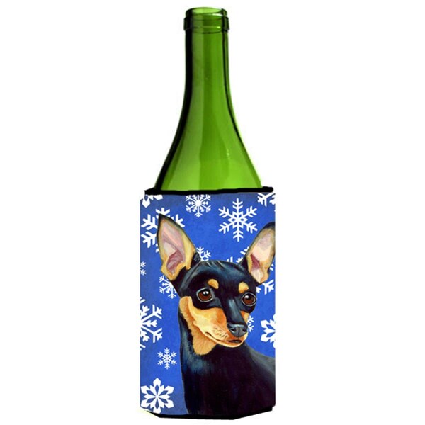 Carolines Treasures Min Pin Winter Snowflakes Holiday Wine bottle sleeve Hugger - 24 oz. - LH9290LITERK