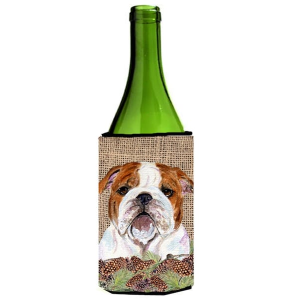 Carolines Treasures Bulldog English On Faux Burlap With Pine Cones Wine bottle sleeve Hugger - SS4075LITERK