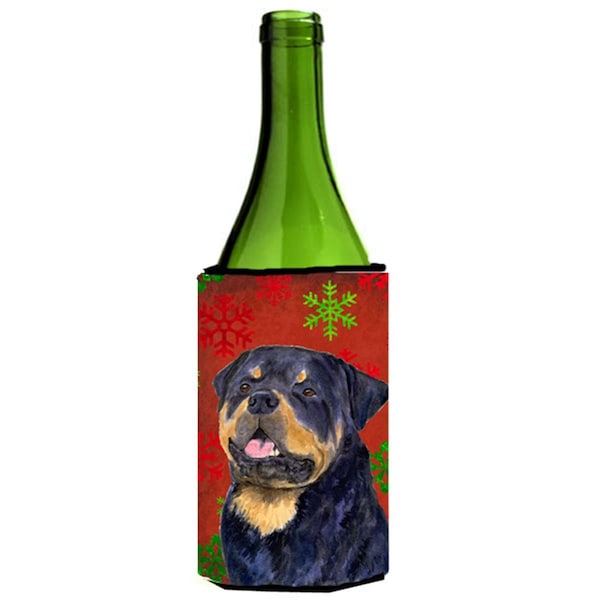 Carolines Treasures Rottweiler Red And Green Snowflakes Holiday Christmas Wine bottle sleeve Hugger - 24 oz. - SS4731LITERK