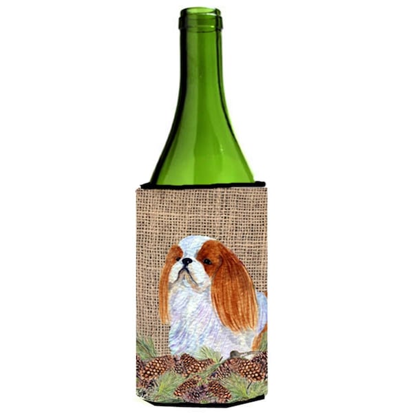 Carolines Treasures English Toy Spaniel on Faux Burlap with Pine Cones Wine bottle sleeve Hugger 24 oz. - SS4096LITERK