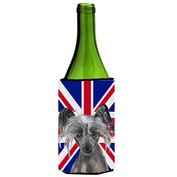 Carolines Treasures Chinese Crested With English Union Jack British Flag Wine bottle sleeve Hugger - 24 Oz. - SC9857LITERK