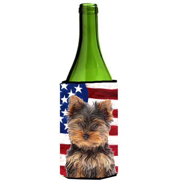 Carolines Treasures USA American Flag with Yorkie Puppy & Yorkshire Terrier Wine bottle sleeve Hugger - KJ1160LITERK