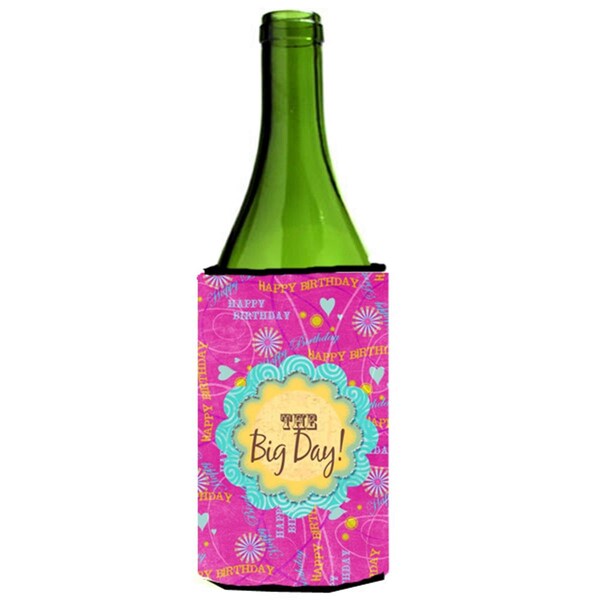 Carolines Treasures Happy Birthday The Big Day Pink Wine bottle sleeve Hugger - 24 oz. - SB3002LITERK