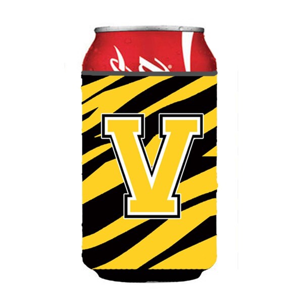 Carolines Treasures Letter V Initial Monogram - Tiger Stripe - Black Gold Can Or Bottle  Hugger - CJ1026-VCC