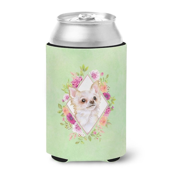 Carolines Treasures Long Hair Chihuahua Green Flowers Can or Bottle Hugger - CK4287CC