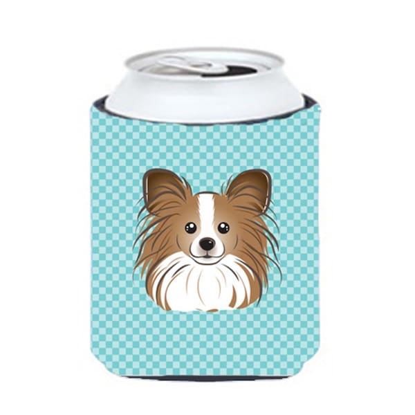 Carolines Treasures Checkerboard Blue Papillon Can Or Bottle Hugger- 12 Oz. - BB1186CC