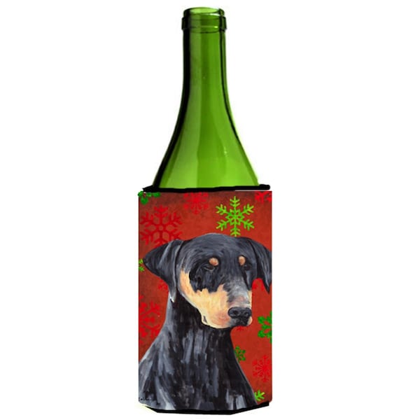 Carolines Treasures Doberman Red and Green Snowflakes Holiday Christmas Wine Bottle   Hugger - SC9417LITERK