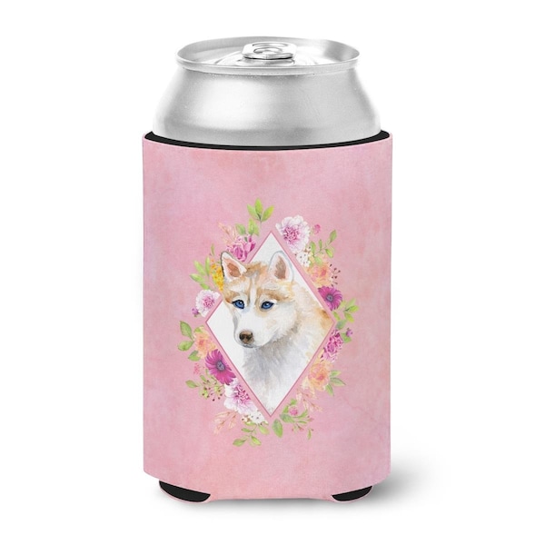 Carolines Treasures Red Siberian Husky Pink Flowers Can or Bottle Hugger - CK4148CC