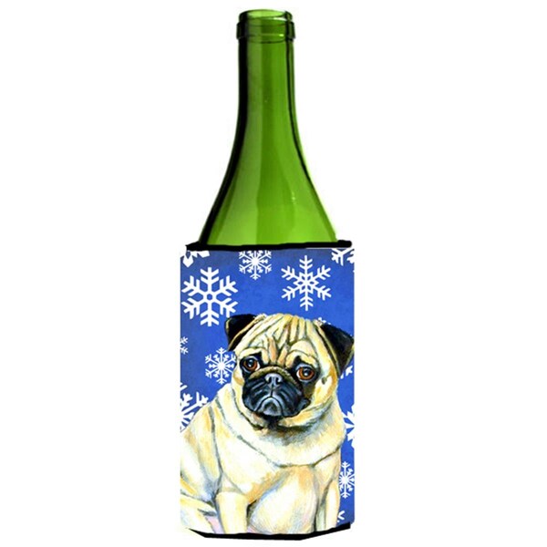 Carolines Treasures Pug Winter Snowflakes Holiday Wine bottle sleeve Hugger - 24 oz. - LH9297LITERK