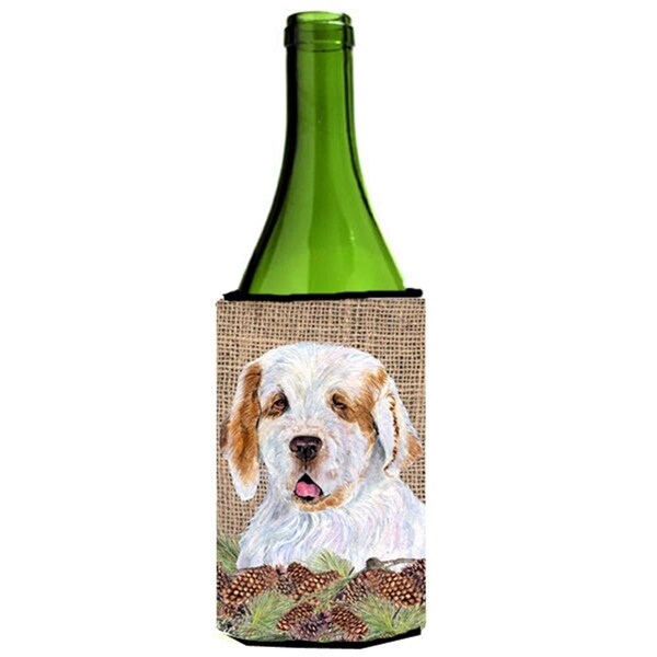 Carolines Treasures Clumber Spaniel on Faux Burlap with Pine Cones Wine bottle sleeve Hugger 24 oz. - SS4089LITERK