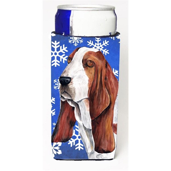 Carolines Treasures Basset Hound Winter Snowflakes Holiday Michelob Ultra bottle sleeves For Slim Cans - 12 oz. - SC9372MUK