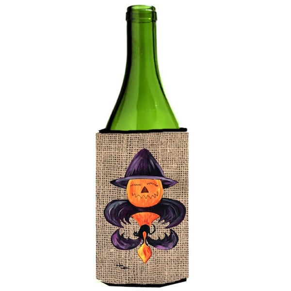 Carolines Treasures Halloween Pumpkin And Bat Fleur De Lis On Faux Burlap Wine bottle sleeve Hugger - 24 oz. - 8748LITERK
