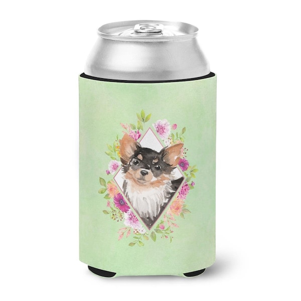 Carolines Treasures Longhaired Chihuahua Green Flowers Can or Bottle Hugger - CK4385CC